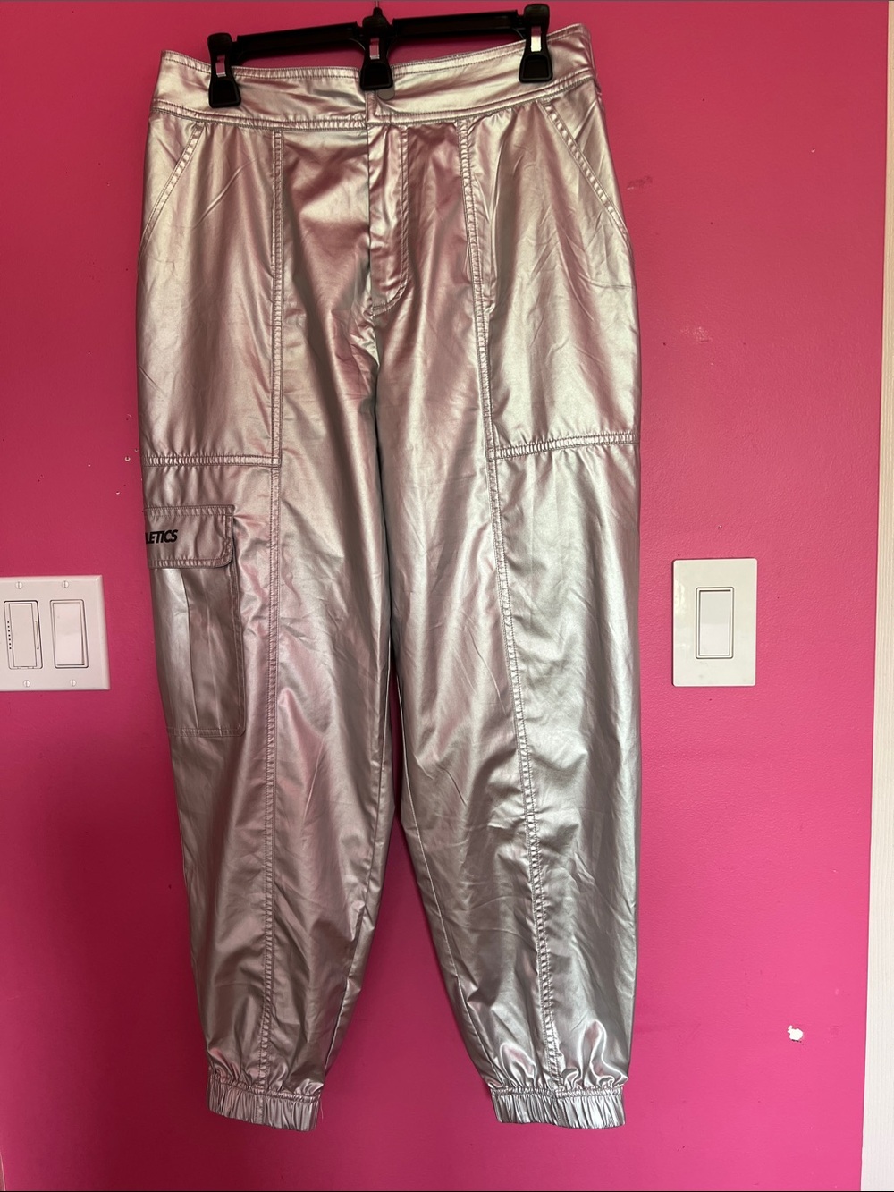 Fabletics Sleek Metallic Silver Cargo Joggers.    Size Medium